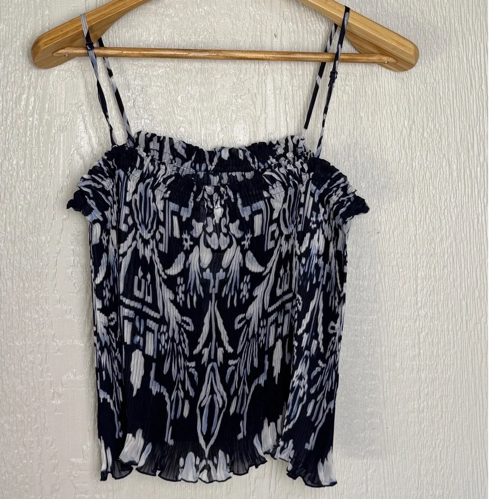 HM Conscious Pleated Camisole Top Navy White Ikat Print Spaghetti Strap Womens M - Picture 2 of 6